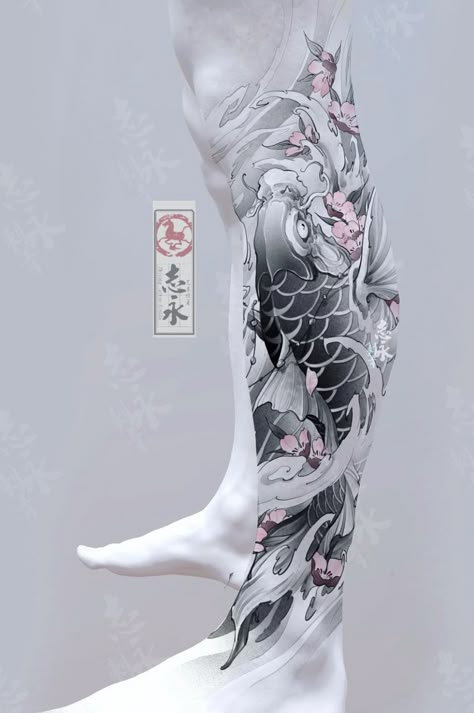 Arm Tattoos Japanese, Dragon Koi Tattoo Design, Tato Irezumi, Koi Dragon Tattoo, Japanese Leg Tattoo, Japanese Koi Fish Tattoo, Koi Tattoo Sleeve, Tattoo Japanese Style, Koi Tattoo Design