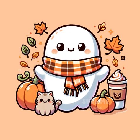 Ghost With Coffee, Spooky Coffee, Coffee Fall, Cute Halloween Ghost, Halloween Wallpaper Cute, Art Mignon, Cute Fall Wallpaper, Ghost Png, Coffee Png