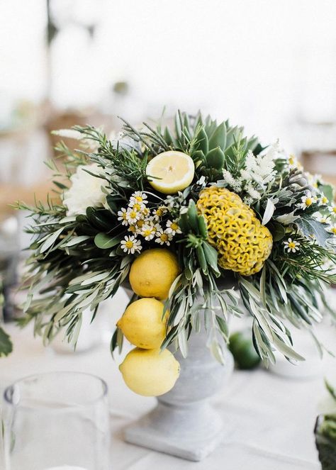 For the love of lemons! This organic Grecian wedding is a real beaut #destinationweddingvenues #organicweddingflowers #bohoweddingdress #lemonweddingdecor Grecian Wedding, Wedding Centerpieces, Wedding Table, Lemon, Flowers, White, Wedding Centrepieces