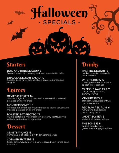 Halloween Food Menu, Pumpkin Menu, Halloween Party Menu, Recipes For Halloween, Holiday Dinner Menu, Halloween Template, Scary Food, Halloween Menu, Halloween Bar