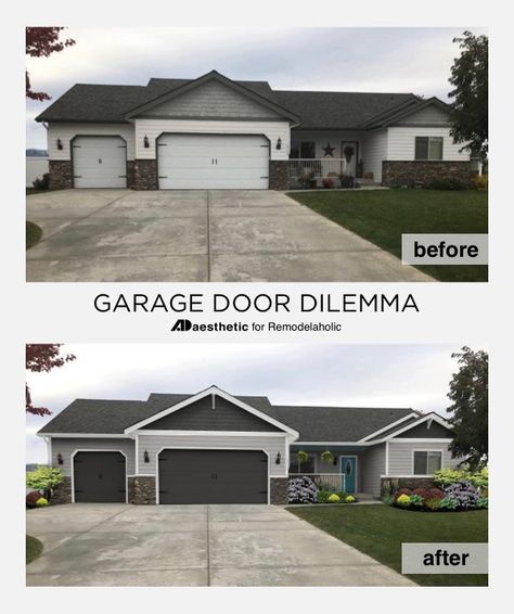 Remodelaholic | Real Life Rooms: Garage Door Curb Appeal Dilemma Garage Door Curb Appeal, Curb Appeal Garage, Exterior Ranch Remodel, Grey Garage Doors, Garage Door Ideas, Black Garage Doors, Garage Door Colors, Garage Door House, Garage Door Types