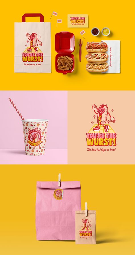 Cool Packaging Design Box Creative, Snack Branding Design, Delivery Branding Design, Retro Packaging Design Food, Retro Design Packaging, Burger Graphic Design, Burger Branding Design, Brand Identity Design Creativity, Cakery Logo