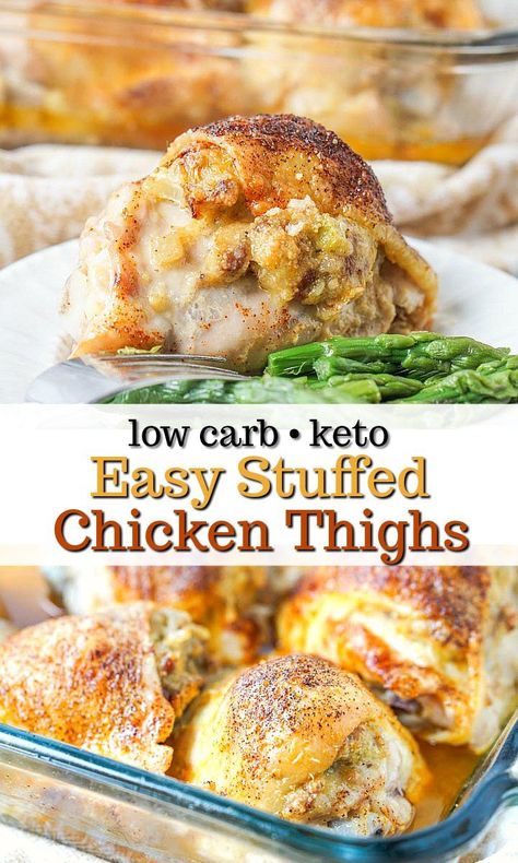 Easy Stuffed Chicken Thighs with Low Carb Sausage Stuffing - great, hearty low carb dinner. #easyrecipe #stuffedchicken #chickenthighs #ketorecipe #lowcarbrecipe #glutenfreestuffing #ketostuffing Low Carb Chicken Thigh Recipes, Easy Stuffed Chicken, Stuffed Chicken Thighs, Fresh Cheese Recipe, Low Carb Sausage, Keto Stuffing, Gluten Free Stuffing, Sausage Stuffing, House Guests