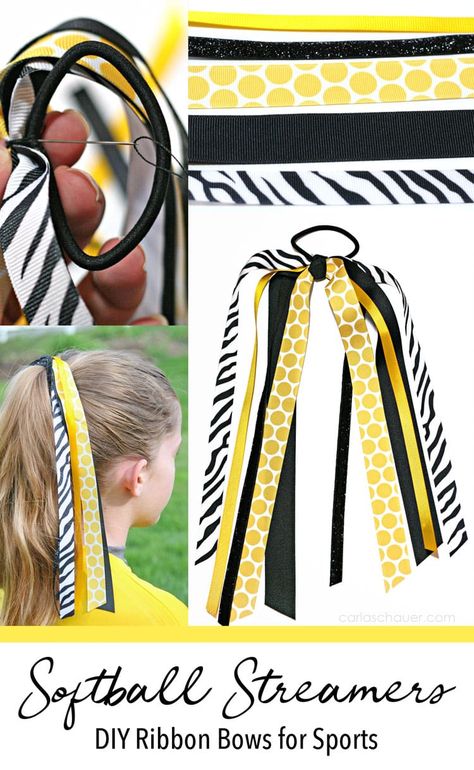 Soccer Hair Ribbons, Hair Ribbons Diy, Soccer Hair Bows, Sports Hair Bows, Cheer Bows Diy, Softball Hair Bows, Hair Streamer, Softball Hair, Softball Crafts