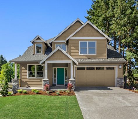 teal front door with tan house Tan House Exterior, Coral Front Doors, Brown House Exterior, Vinyl Siding House, Brown Front Doors, Best Front Door Colors, Exterior Door Colors, Tan House, Front Door Color