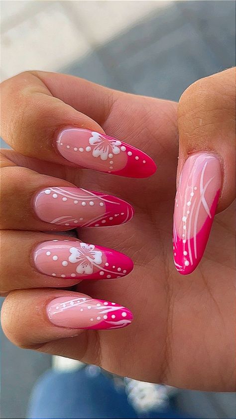 French Tip Summer Nails, Summer Nails Pink, Hawaiian Flower Nails, Aloha Nails, Nails Tropical, Hawaiian Nails, Almond Nails Pink, Tropical Nail Designs, Hawaii Nails