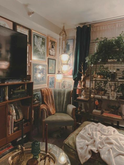 Witches Study Room, Cottagecore Goth Aesthetic Room, Studio Apartment Dark Academia, Dark Eclectic Apartment, Cozy Academia Living Room, Dark Eclectic Home Bedroom, Maximalist Bedroom Vintage, Goblincore Office, Botanical Maximalism