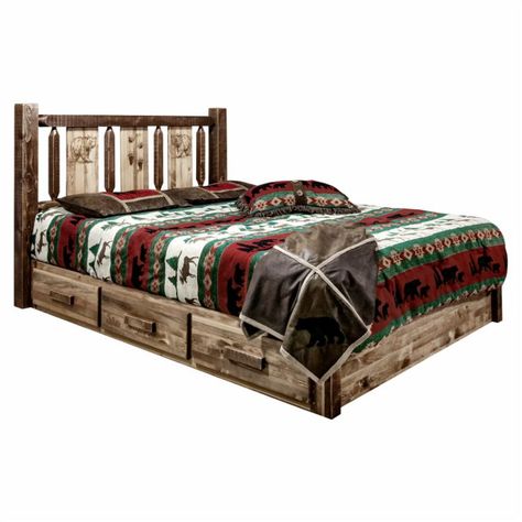 Montana Woodworks Homestead Collection Platform Bed with Storage with Laser Engraved Design | Hayneedle California King Platform Bed, Timber Frame Barn, Full Platform Bed, King Platform Bed, Twin Platform Bed, Platform Bed With Storage, Pine Design, Queen Platform Bed, Rustic Bedding