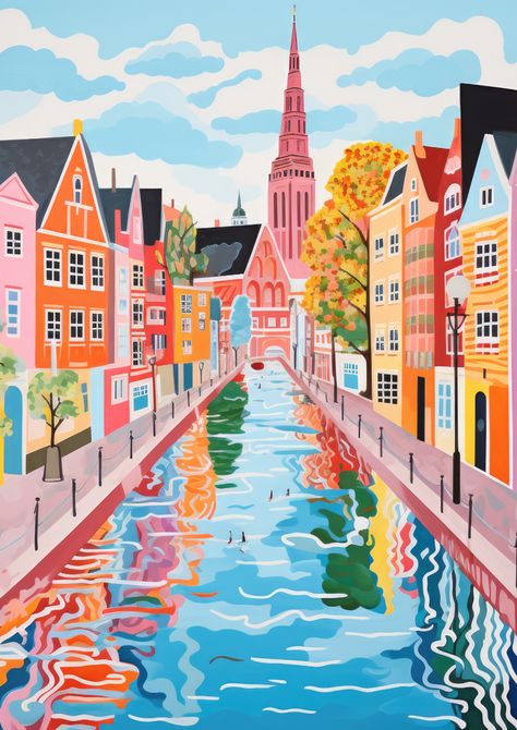 Poster Painting Ideas, Copenhagen Illustration, Copenhagen Wallpaper, Copenhagen Painting, Copenhagen Art, Copenhagen City, Travel Painting, City Painting, Jigsaws