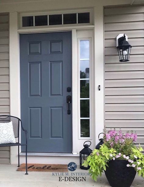 Blue Grey Exterior House Colors Sherwin Williams, Dark Gray Paint, Blue Interior Doors, Dark Gray Paint Colors, Kylie M Interiors, Grey Exterior House Colors, Exterior Gray Paint, Gray Paint Colors, Exterior Door Colors