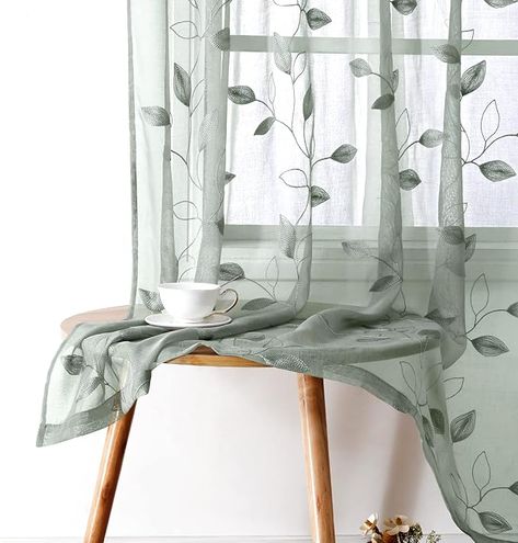 Amazon.com: HOMEIDEAS Light Grey/Gray Sheer Curtains 52 X 63 Inches Length 2 Panels Embroidered Leaf Pattern Pocket Faux Linen Floral Semi Sheer Voile Window Curtains/Drapes for Bedroom Living Room : Home & Kitchen Green Sheer Curtains, Green Room Decor, Embroidered Leaf, Drapes For Bedroom, Sheer Linen Curtains, Embroidered Leaves, Green Curtains, Curtain Patterns, Green Rooms