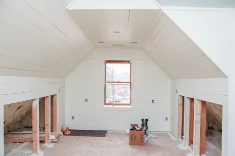 Attic Updates: Paint and Cubby Storage Progress - Beth Bryan Cubby Storage Ideas, Upstairs Ideas, Attic Makeover, Attic Renovation Ideas, Attic Office, Slanted Walls, Attic Doors, Garage Attic, Attic Playroom