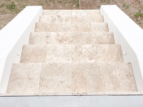 Steps With Lights, Outdoor Stairs To House Entrance, Cement Tiles Outdoor, Backyard Stairs, Travertine Steps, Travertine Stairs, Poured Concrete Patio, Patio Stairs, Front Porch Steps