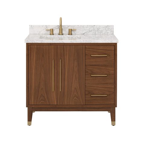 Mina 37 in. Walnut Single Vanity with Carrara Marble Top Bonus Room Bathroom, Dramatic Dining Room, Walnut Bathroom Vanity, Tile Vanity, Adu Bathroom, Walnut Bathroom, Walnut Vanity, Bathroom 2024, Guest Bathroom Ideas