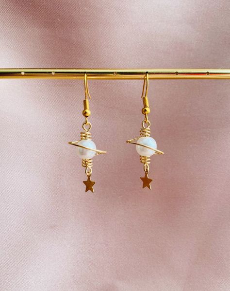 Space Earrings, Planet Jewelry, Science Jewelry, Golden Star, Handmade Wire Jewelry, Threader Earrings, Wire Earrings, Etsy Earrings Dangle, Dream Jewelry