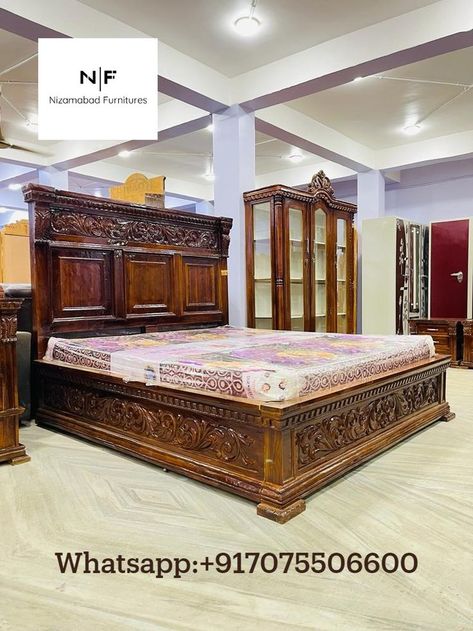 King size Bed-(Walnut Finish). NIZAMABAD FURNITURE Supplier of all kinds of furniture & carving works. TEAK WOOD (sagwan) FURNITURE SETs. Order your furniture online. Contact: (WHATSAPP) +917075506600 Available all over India. Available in all different sizes. Whastapp for Prices. Bed Designs India, Luxury Bedding Master, Dressing Room Decor, Wood Carving Furniture, Wood Bed Design, Interior Design Your Home, Wooden Bed Design, Luxury Bedroom Design, Bed Design Modern