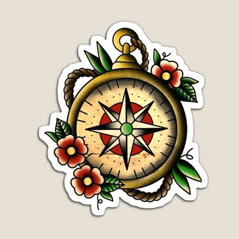 Compass Tattoo Design Traditional, Sailor Jerry Compass Tattoo, American Traditional Compass Tattoo, Old School Compass Tattoo, American Traditional Tattoo Design Old School, Traditional Tattoos Nautical, American Traditional Nautical Tattoo, Old School Nautical Tattoo, Compass Tattoo Traditional