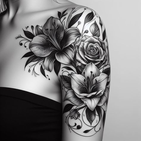 ArmShoulder Tattoo Idea for females Flowery tattoo. #coveruptattoo #tattooideas #womentattoo #tattooinspiration #tattoodesign #tattooart Floral Half Sleeve Tattoo Upper Arm, Cover Up Tattoos For Women Shoulder, Upper Shoulder Tattoos For Women, Floral Shoulder Cap Tattoo, Arm Shoulder Tattoo, Shoulder Cover Up Tattoos, Half Sleeve Tattoo Upper Arm, Upper Shoulder Tattoo, Arm Cover Up Tattoos