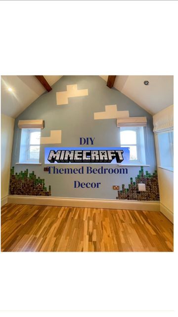 Kidds World 🚀🦄🦒 on Instagram: "💚Minecraft Bedroom Decor 🤎 Harrison who is the inspiration behind @kiddsworldamazon wanted a @minecraft themed bedroom, so with a few tins of paint the themed wall is done ✅ 🧰To do this, you will need: X 3 tins of different shades of brown paint X 3 tins of different shades of Green Paint @bandq_uk do small tubs you can have mixed up in a huge selection of colours and they also sell the textured painters sponges - I got 4 and cut them so one size was a equal square shape. ☁️ to do the clouds above the blocks I used @frogtapeuk and painted white, a spirit level and ruler helps to make sure you don’t have wonky clouds ☁️ 💚 🤎 🧰 #minecraft#minecraftideas #minecraftdecorations #minecraftbedroom #minecraftinterior #kidsbedroomdecor #kidsbedroomideas #kidsb Subtle Minecraft Bedroom, Minecraft Room Painting Ideas, Minecraft Mural, Minecraft Clouds, Roblox Bedroom, Minecraft Bedroom Wall Ideas, Minecraft Bedroom Ideas Real Life, Minecraft Room Ideas Bedrooms, Minecraft Themed Bedroom