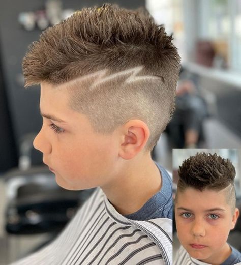 Boys Haircuts With Lightning Bolt, Lightning Bolt In Hair Boys, Boys Hair Cut With Lightening Bolts, Fade Designs Boys, Boys Hair Lightning Bolt, Lighting Bolt Hair Design, Boys Haircut Lines On Side, Lightening Bolt Boy Haircut, Lightening Bolt In Haircut