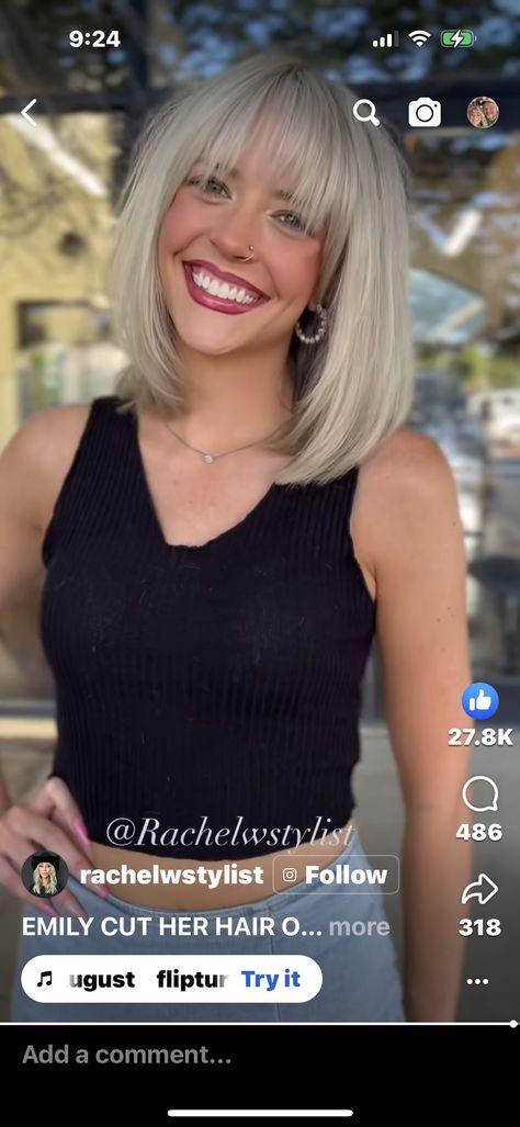 Blonde Hair Bob With Bangs, Bob With Fringe Hairstyles, Platinum Blonde Lob, Layered Bob With Fringe, Blonde Lobs, Hair Bob With Bangs, Bangs Blowout, Blonde Lob With Bangs, Blonde Hair Bob