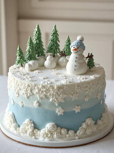 Christmas Cake Decorations Royal Icing, Snow Flake Cakes, Winter Themed Sheet Cake, 18th Birthday Cake Winter, Christmas Cake With Trees, Snow Cake Ideas, Winter Cake Ideas Birthday, Winter Scene Cake, New Years Day Cake