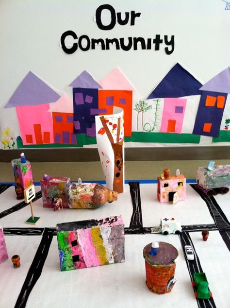 "Our Community" Children's Craft Project | Paper mache & paint what you see in your city. Community Provocations Kindergarten, Where We Live Preschool Activities, Social Studies Preschool, Where Do I Live, Meri Cherry, Communities Unit, Community Helpers Unit, House Community, Community Helpers Theme