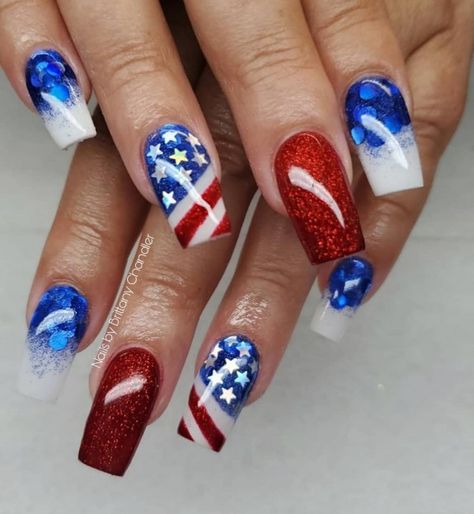 Red white n blue 4th July Nails Coffin, Nail 4th Of July Designs, Usa Inspired Nails, Nail Art Designs 4th Of July, Beach And 4th Of July Nails, 4 Th Of July Nail Designs, Usa Nails Designs, American Flag Nails Designs 4th Of July, Patriotic Acrylic Nails