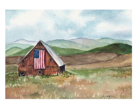 Watercolor Barns Simple, Flag Watercolor Painting, Americana Artwork, Watercolor American Flag, Sitting Plan, Country Watercolor, Flag Watercolor, Jean Art, Watercolor Barns