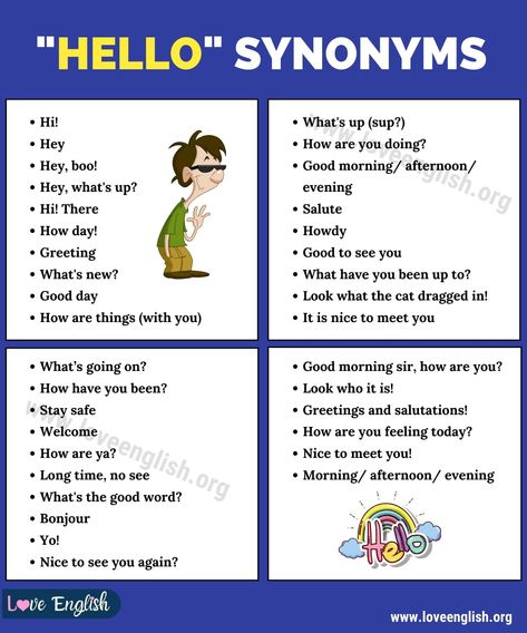 HELLO Synonyms: 35 Different Ways of Saying "Hello" in English - Love English Ways To Say Hello In English, Hello Synonyms, Different Ways To Say Hello, English Facts, Hello English, How To Say Hello, Improve English Speaking, Essay Writing Examples, Tenses English