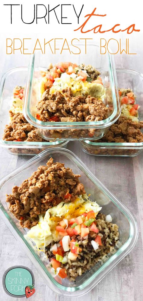 Skinny Turkey Taco Breakfast Bowl — The Skinny Fork Lean Breakfast, Turkey Breakfast Recipes, Rice And Turkey, Ground Turkey Taco Recipes, Rice For Breakfast, Taco Breakfast, Breakfast Tacos Recipe, Taco Meal, Ground Turkey Tacos