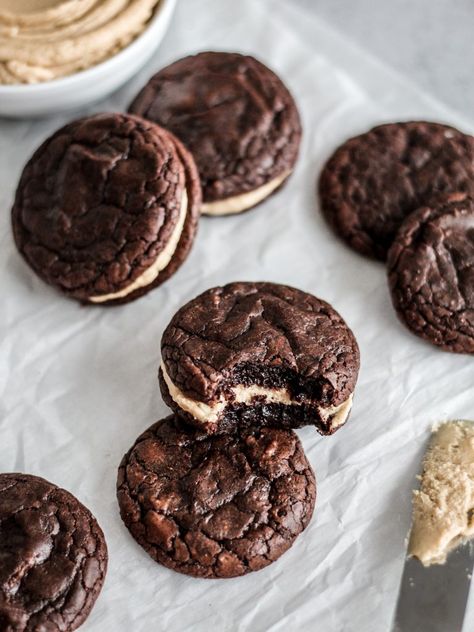 Brownie Sandwich Cookies with Peanut Butter Frosting (dairy-free) | Sugared & Stirred Brownie Cookie Sandwich With Peanut Butter Frosting, Cookie Butter Sandwich, Brownie Sandwich Cookies With Peanut Butter Frosting, Brownie Sandwich Cookies, Cookie Frosting Sandwich, Brownie Cookie Sandwiches, Peanut Butter Baked Goods, Cake Sandwich Ideas Desserts, Brownie Sandwich