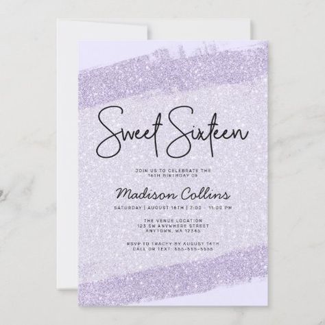 Lavender Purple Brush Glitter Sweet 16 Invitation #zazzle #weddinginvitations #birthdayinvitations #babyshowerinvitations #zazzleinvitations #monogram #businesscards #graduation #homedecor Quince Cards, Light Blue Sweet 16, Sweet 16 Invitation Ideas, Blue Sweet Sixteen, Elegant Sweet 16, 16 Birthday Party Invitations, 18th Birthday Invitations, Glitter Sweet 16, Purple Sweet 16