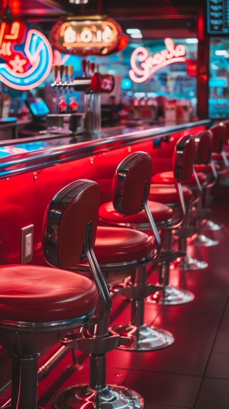 50s Cafe Aesthetic, Diner Night Aesthetic, 1960 Diner, Diner Reference, Old Diner Aesthetic, Retro Cafe Design, American Diner Aesthetic, Vintage Diner Aesthetic, Retro Diner Aesthetic