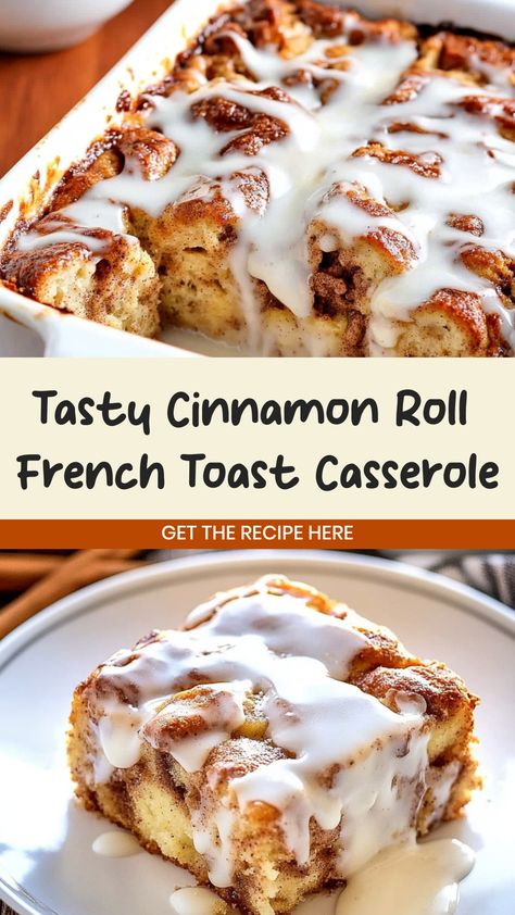 Indulge in the perfect combination of flavors with our irresistible cinnamon roll French toast casserole recipe. This easy-to-make dish is a decadent twist on classic breakfast favorites, featuring sweet cinnamon rolls baked to perfection in a rich custard mixture. Whether you're hosting a brunch or simply treating yourself to a special breakfast, this casserole is sure to impress. Serve it with a drizzle of maple syrup and a dusting of powdered sugar for an extra touch of sweetness. Cinnamon Brunch Recipes, Pillsbury Cinnamon Roll Recipes Breakfast French Toast Bake, Cinnamon Roll Breakfast Recipes, Cinnamon Roll Brunch Ideas, Cinnamon Roll French Toast Bake Pillsbury, French Toast Cinammon Roll Casserole, Cinnamon Roll French Toast Casserole Overnight, Sour Dough French Toast Casserole Recipe, Baked French Toast With Biscuits