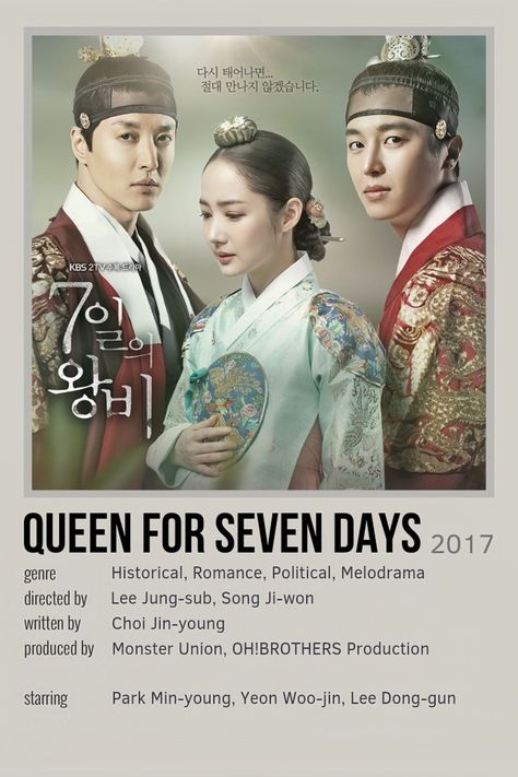 Queen For Seven Days Kdrama, Queen For Seven Days, Kdrama Poster, Yeon Woo Jin, Night Film, Watch Drama, Choi Jin, Park Min Young, Melodrama