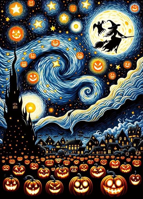 Van Gogh art - Van Gogh inspired Starry Night Halloween 🎃 Happy Halloween Pictures, Holiday Images, Van Gogh Art, Starry Night Van Gogh, Halloween Painting, Expressive Art, Halloween Images, Halloween Pictures, Halloween Wallpaper