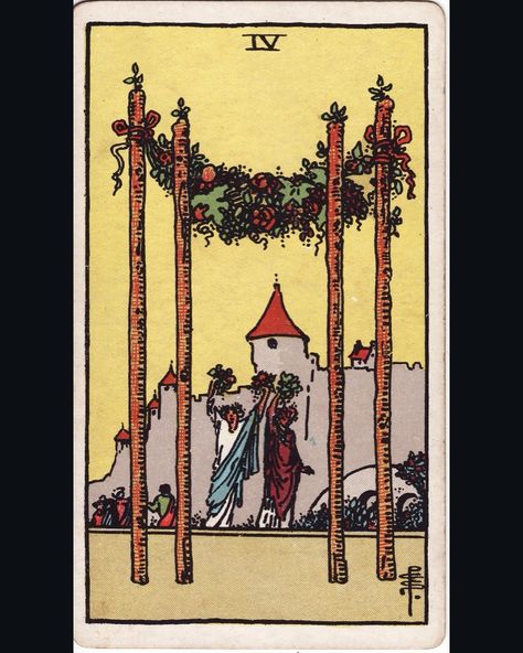 The Four of Wands shows two happy people dancing and celebrating with flowers in their hands. In the foreground, a beautiful wreath abounding with blossoms and grapes suspends between wands. Together, these elements represent the joy and satisfaction that comes with achieving an important goal or milestone. In the background, another group of people (perhaps a family) stand in front of a large castle, representing the safety and comfort of the home. Day 93 of 100 || “Four of Wands” Tarot || ... Four Of Wands Tarot, Four Of Wands, Large Castle, Wands Tarot, People Dancing, Group Of People, Beautiful Wreath, Happy People, The Four