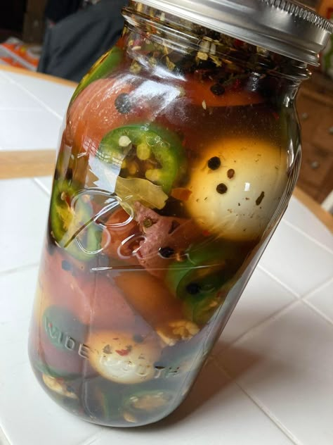 Warning, if you bring these to a Bonfire, Camping, Fishing or Hunting... These won't last long! Hot Pickled Eggs, Pickled Eggs And Sausage Recipe, Best Pickled Eggs, Spicy Pickled Eggs, Pickled Sausage, Diy Food Storage, Pickled Eggs Recipe, Refrigerator Pickle Recipes, Camp Fires