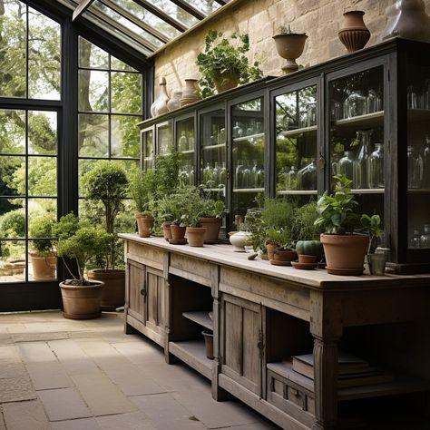 Glass Greenhouse Attached To House Farmhouse, River Pavilion, Greenhouse Kitchen, Garden Shed Interiors, Outdoor Greenhouse, Rustic Ideas, Glass Panes, Greenhouse Interiors, Home Greenhouse