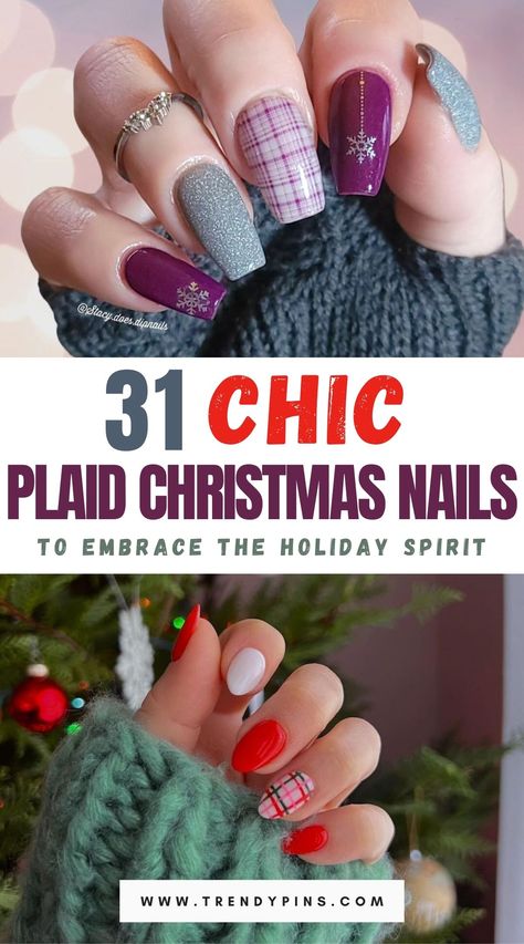 31 Stylish Plaid Christmas Nails For A Cozy Holiday Look Christmas Nails Ideas 2 Red And Gold Plaid Nails, Plaid Manicure Ideas, Chrome Plaid Nails, Easy Plaid Nail Art, Non Traditional Holiday Nails, Tartan Plaid Nails, Easy Plaid Nails, Plaid Christmas Nail Designs, Christmas Flannel Nails