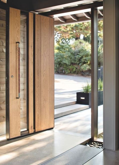 Door With Glass Panels, Steel Door Design, Modern Front Door, Entrance Door Design, Front Door Entrance, Door Design Modern, Main Door Design, Pivot Doors, House With Porch