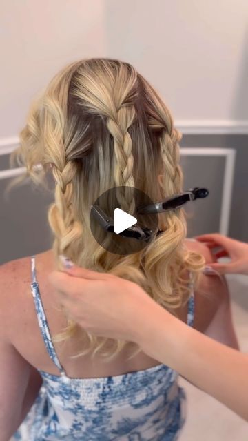 KellGrace on Instagram: "A different take on a half up braided updo! Hope u like and save and share! 🎥💙🩵

#kellgrace #updo #tutorial #hair #updotutorial #braid #braids #hairstyle #style #stylist #hairstylist #blondehair #hairup #hairtrends #bridalhair #bridehair #bridesmaidhair #fringe #bangs #formalhair #makeup #americansalon #modernsalon #behindthechair #parkave #salon #haireducation #hairshow #simpleupdo" Half Up Half Down Bun With Braids, Half Way Up Half Way Down Hairstyles, Updos Half Up Half Down, Easy Bridesmaid Hair Half Up, Crown Braid Half Up Half Down, Bridgeton Hairstyles, Half Updo With Bangs, Bridesmaid Hairstyles Half Up Half Down Medium, Half Up Half Down Bridesmaid Hair Medium