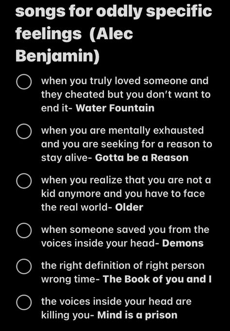 The Book Of You And I Alec Benjamin, Songs For Situations, Songs For Oddly Specific Feelings, Songs For Specific Situations, Songs For Specific Feelings, Songs That Make You Feel Alive, Alec Benjamin Songs, Playlist Description Ideas, Summer Songs Playlist