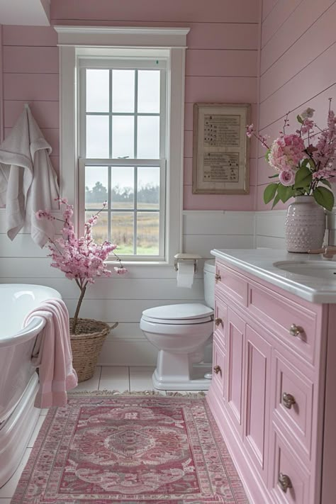 Pretty Pink Bathroom, Pink Shabby Chic Bathroom, Pink Shower Curtain Bathroom Ideas, Coloured Bathroom Ideas, Flamingo Bathroom Ideas, Light Pink Bathroom Ideas, Pink Toilet Room, Bathroom Inside Bedroom, Pink Bathroom Ideas Decor