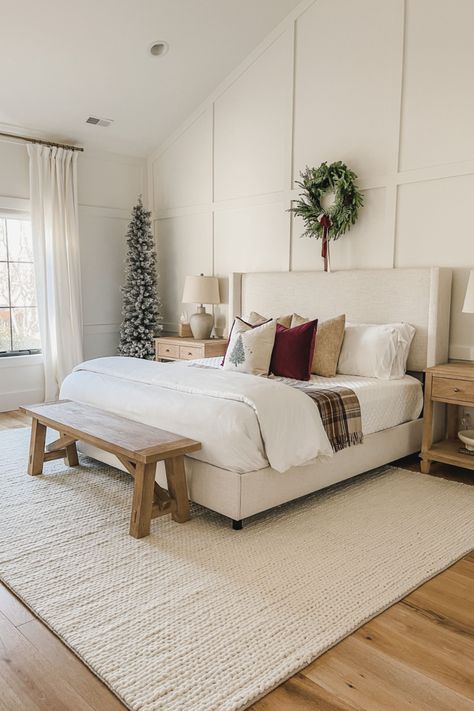 Primary Bedroom Winter Decor with Cozy Christmas Vibes, Christmas Decor, Home Decor, French White Oak Flooring, Braided Wool Rug, Pottery Barn Style, Cozy Christmas, Winter Decor in the bedroom, Neutral Style Bedroom Winter Decor, Floor Bedroom Ideas, Masculine Bedroom Decor, Light Wood Bed, Holiday Bed, Bedroom Neutral, Colors For 2024, Best Bedroom Colors, Herringbone Wood Floor