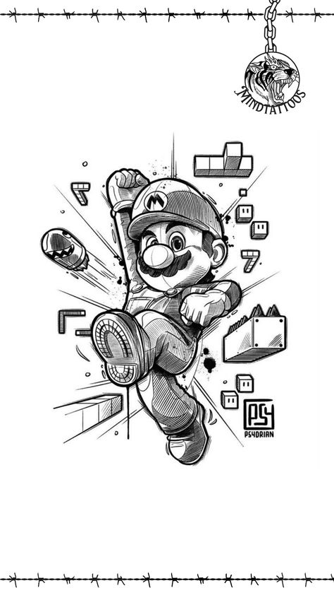 Mario Power Up Tattoo, Super Mario Tattoo Design, Mario Tattoo Ideas, Minecraft Tattoo, Super Mario Tattoo, Sketch Tips, Pop Culture Tattoos, Mario Tattoo, Sunshine Tattoo