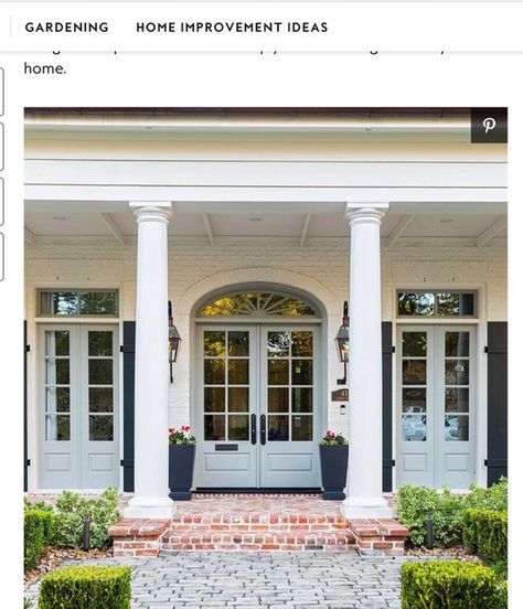 White House Blue Shutters, Colonial Front Porch, Porch Column Ideas, Front Porch Remodel, Front Porch Columns, Southern Porches, Porch Remodel, Brick Path, Front Door Paint Colors