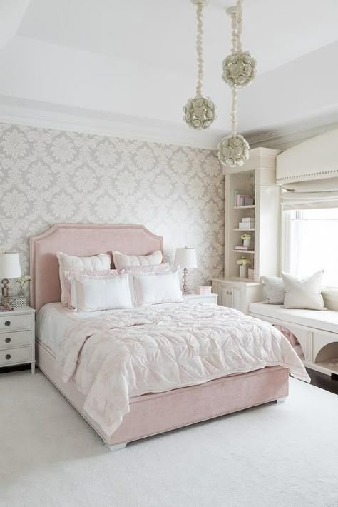 White And Pink Bedroom, 1930s Bedroom, Guys Bedroom, Shelves Bedroom, Blush Pink Bedroom, Blush Bedroom, Pink Bedroom Design, Decor Shelves, Unique Bedroom Design