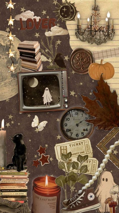 Fall Academia Wallpaper, Autumnal Aesthetic Wallpaper, Book Collage Art, Fall Phone Wallpaper Collage, Autumn Aesthetic Poster, Autumn Themed Wallpaper, Aesthetic For Collage, Dark Academia Fall Wallpaper, Halloween Moodboard Aesthetic